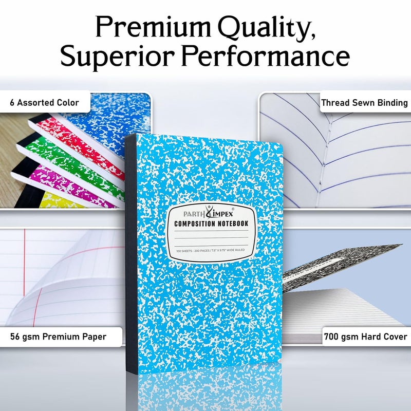 PARTH iMPEX 12 Pack Bulk Composition Notebooks Wide Ruled, 200 Pages (100 Sheets), 9-3/4 x 7-1/2, Hard Cover Wide Ruled Notebooks in 6 Assorted Colors, Composition Notebook For School College Office - Image 4